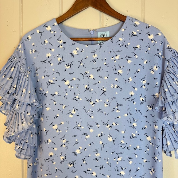 CeCe Womens Blue White Floral pleated Ruffle sleeve Summer‎ Mini Dress size S - Picture 3 of 13